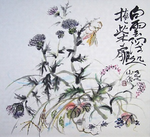 水墨画「白雲深処掩柴扉」