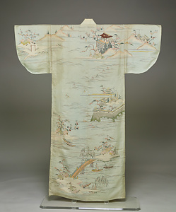 小袖 水浅葱平絹地近江八景模様