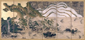 紙本著色日月四季山水図